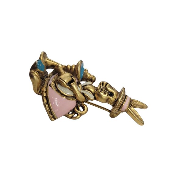 Vtg Danecraft Bunny Pin Brooch Rabbit Hat Bird Bath Gold-Tone Pink Blue Enamel A - Picture 5 of 7